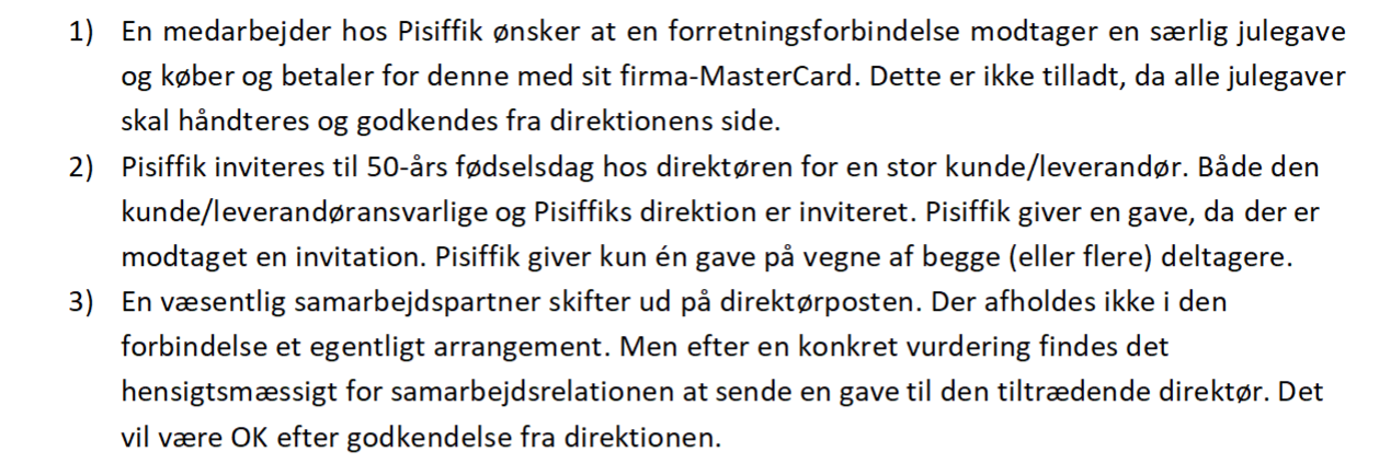 Eksempler på håndtering af gaver, arrangementer og direktør-skifte hos forretningsforbindelser
